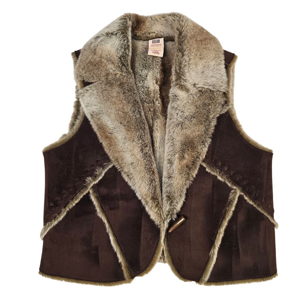 Faded Glory Originals Faux Suede Fur Lined Vest Brown Toggle Button Small 4/6
